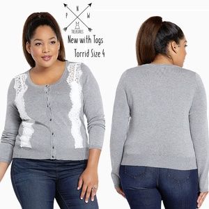 NWT PLUS SIZE Lace and Light Grey Knit Cardigan